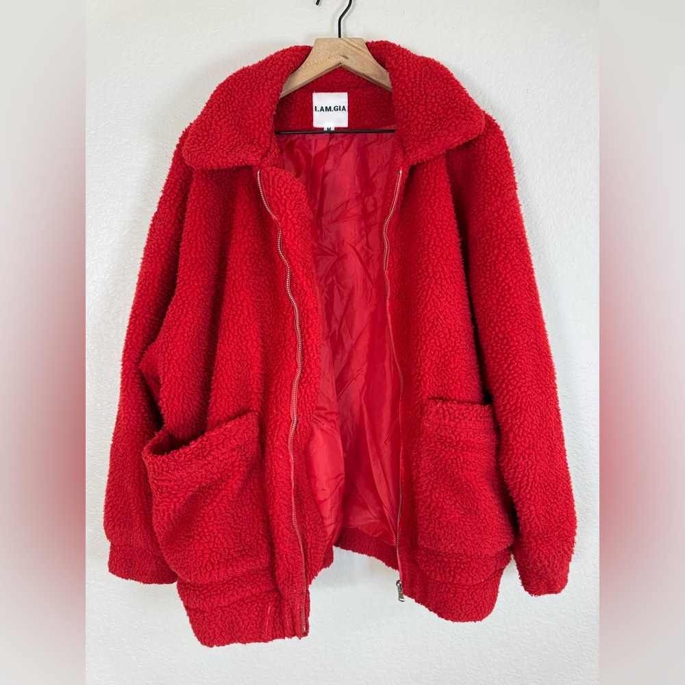 I. Am. Gia Pixie Oversized Teddy Coat Red size Medium Revolve $110 - Picture 9 of 16